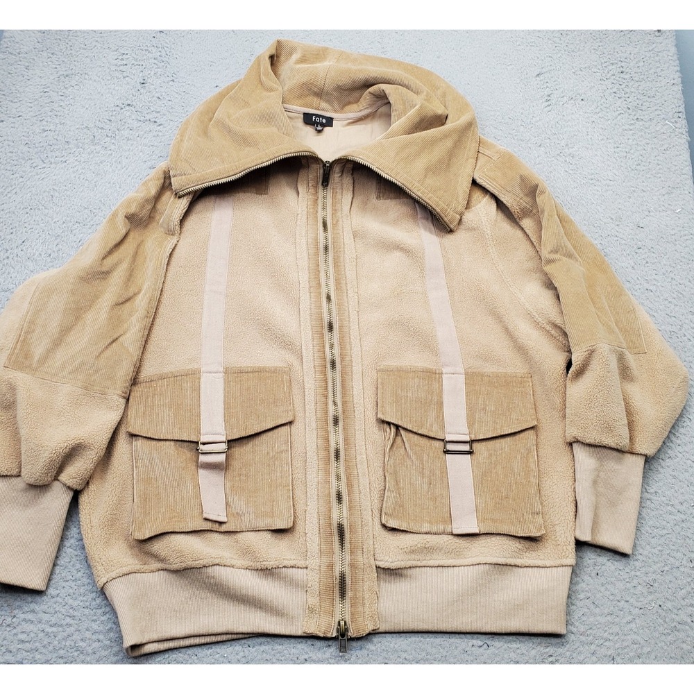 Fate‎ Jacket Womens Large Tan Hideaway Corduroy Fleece Warm Oversized Full Zip